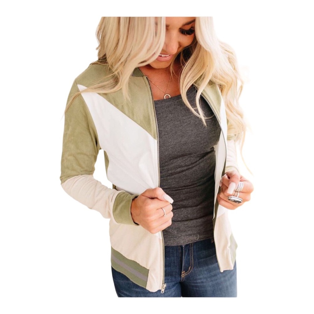 Lake Flower Faux Suede Colorblock Bomber Jacket - Size Small, Olive/Beige/White
